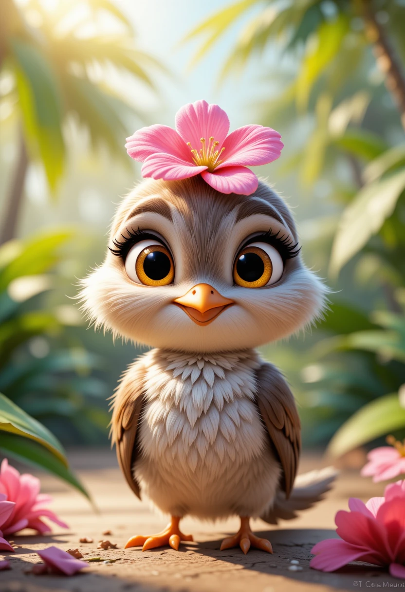Cute cartoon baby bird with flower in tropical sunlight