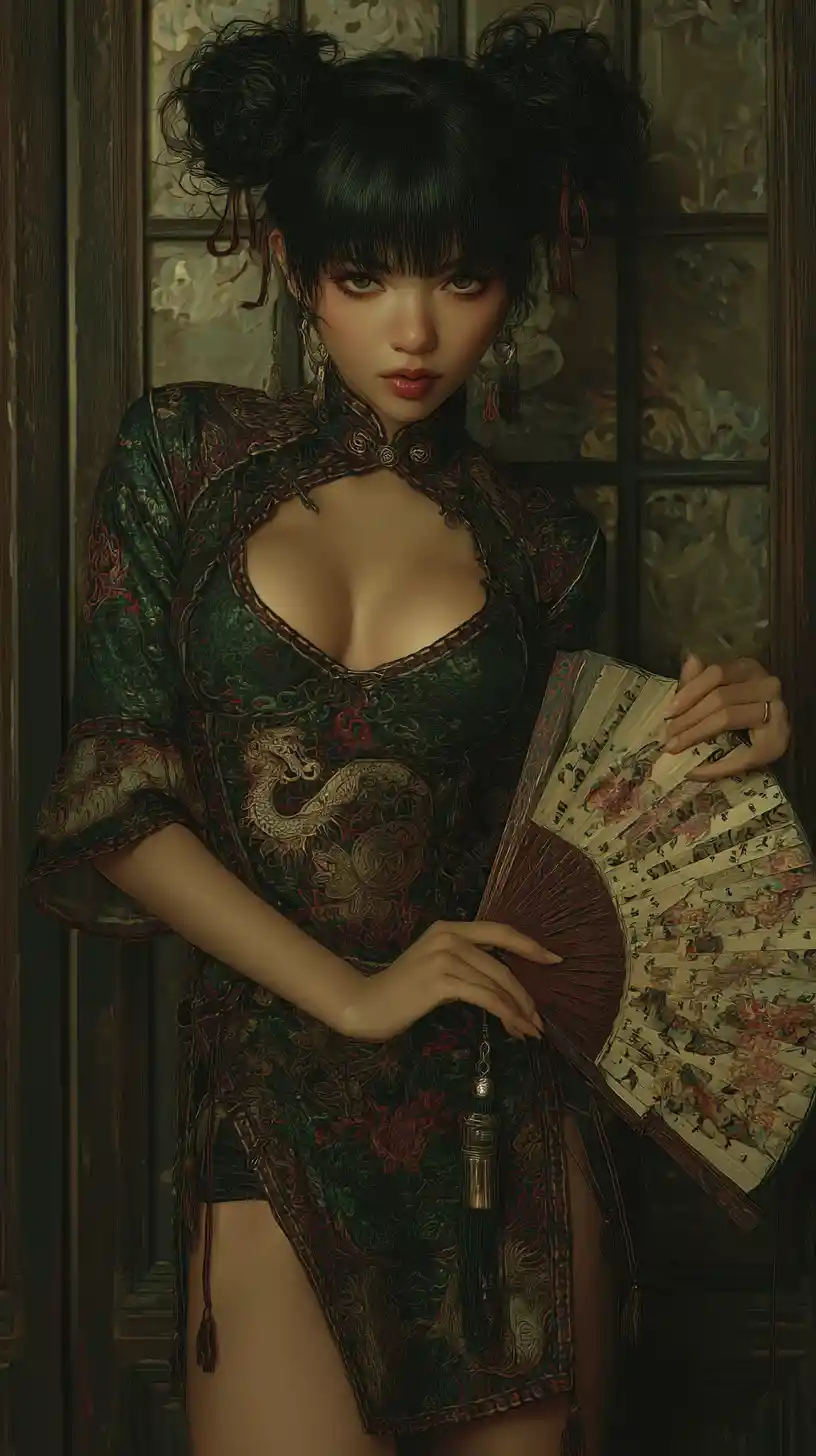 Dark haired woman in emerald cheongsam with folding fan