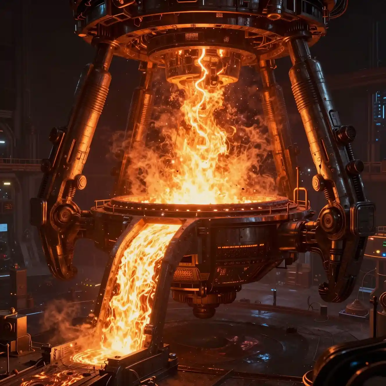 Colossal forge floating within the blazing heart of a star