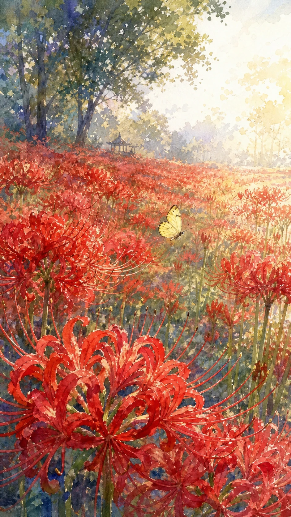 Red spider lilies with a pale yellow butterfly in watercolor