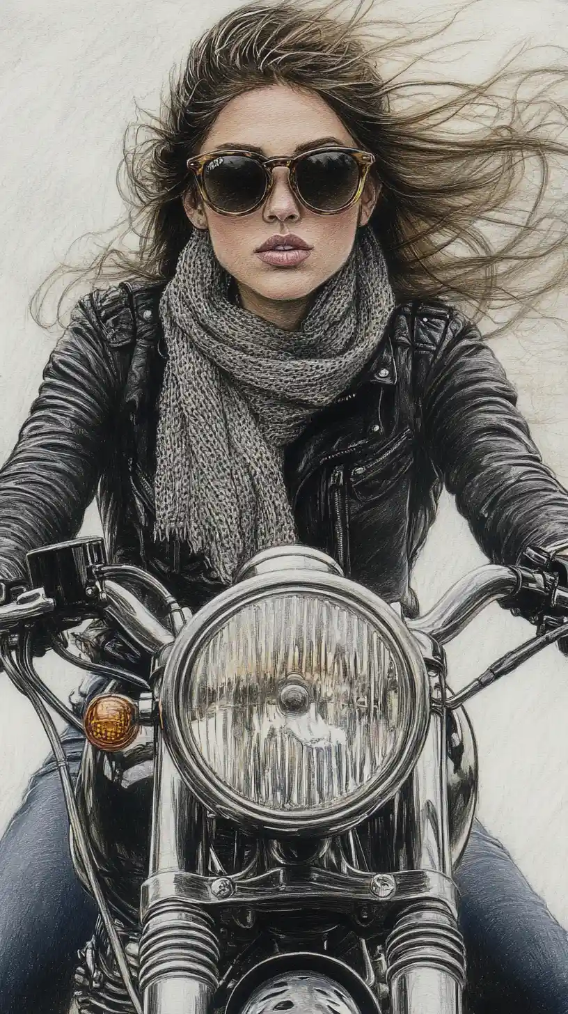 Woman riding a vintage motorcycle toward the viewer