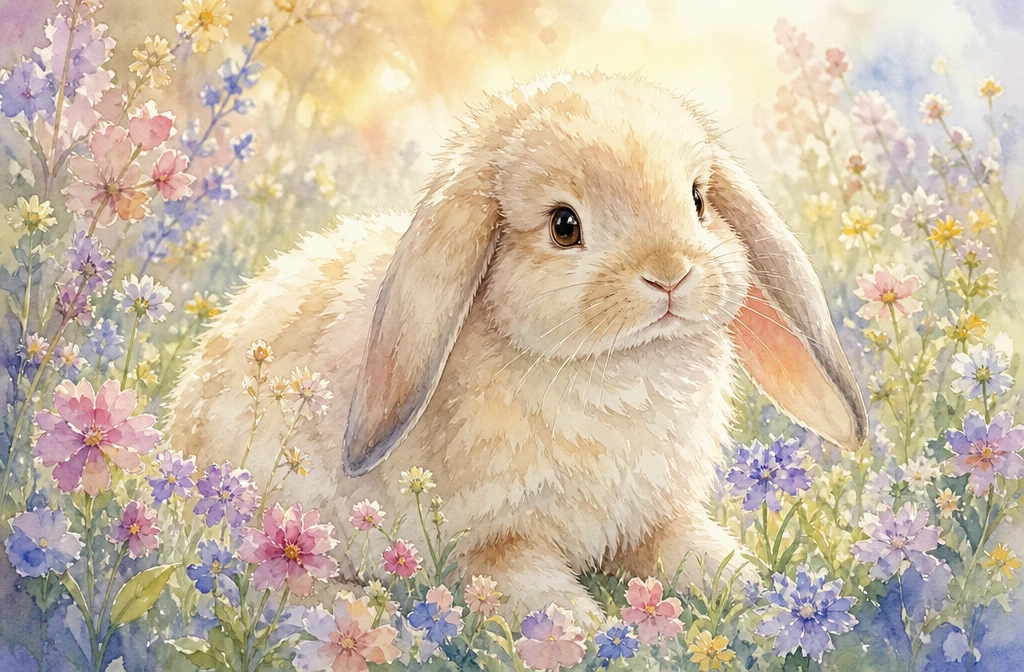 Watercolor rabbit resting among soft pastel wildflowers