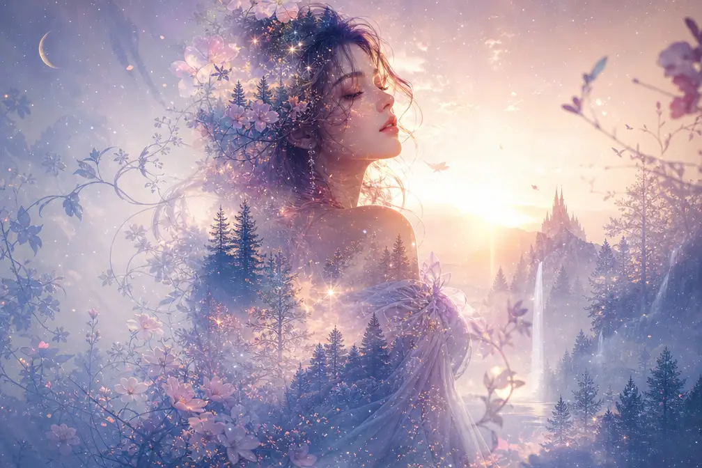 Dreamy double exposure portrait of girl and forest