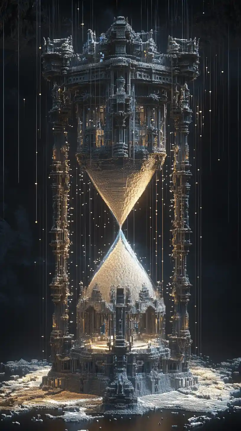 Ornate architectural hourglass with falling voxel cubes