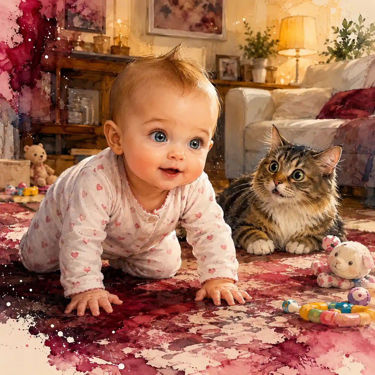 Baby girl crawling on carpet with curious cat nearby