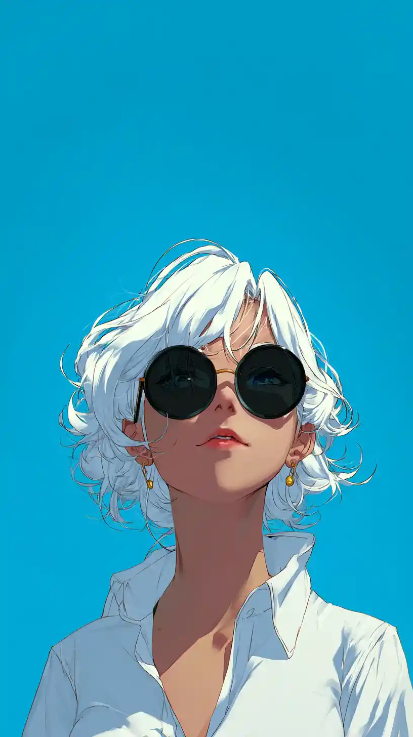 Anime girl with white hair and round sunglasses portrait