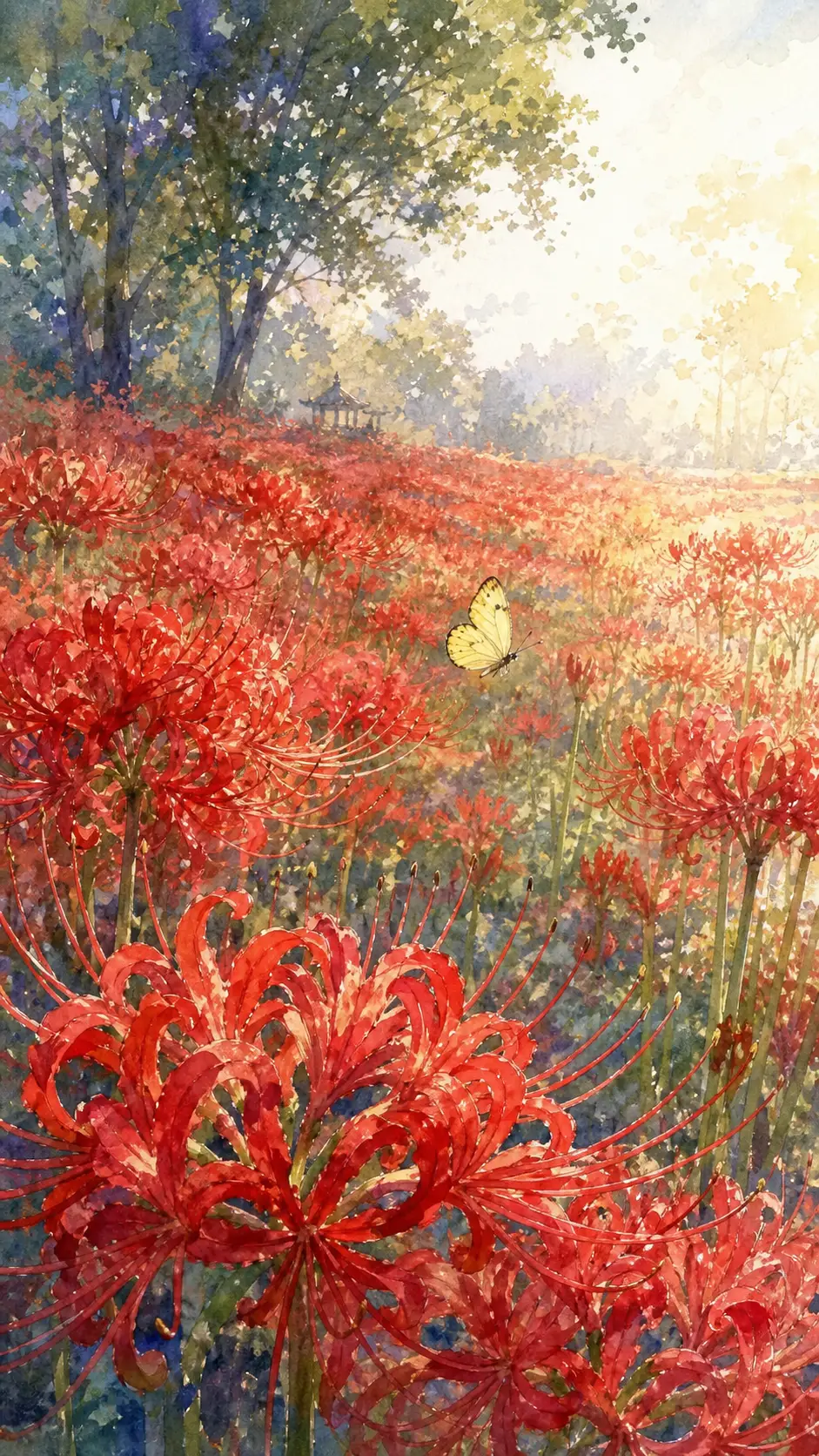 Rote Spinnenlilien mit einem blassgelben Schmetterling in Aquarell