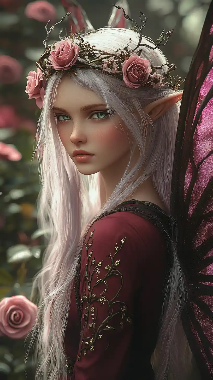 Ethereal fairy queen in a dark rose forest