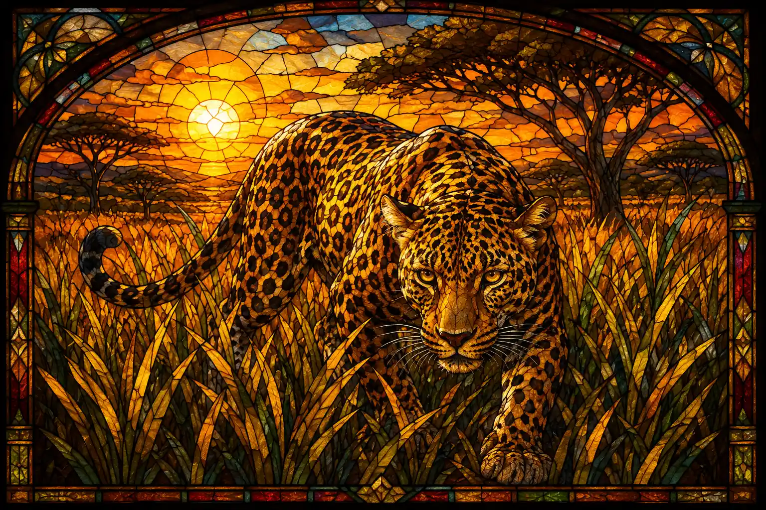 Stained glass leopard stalking through savanna at golden hour