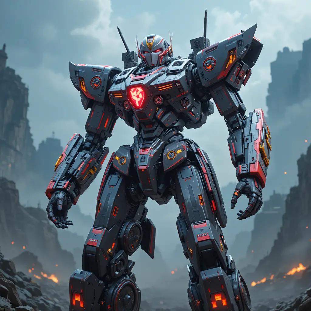 Giant steel mecha warrior in a glowing neon battle suit