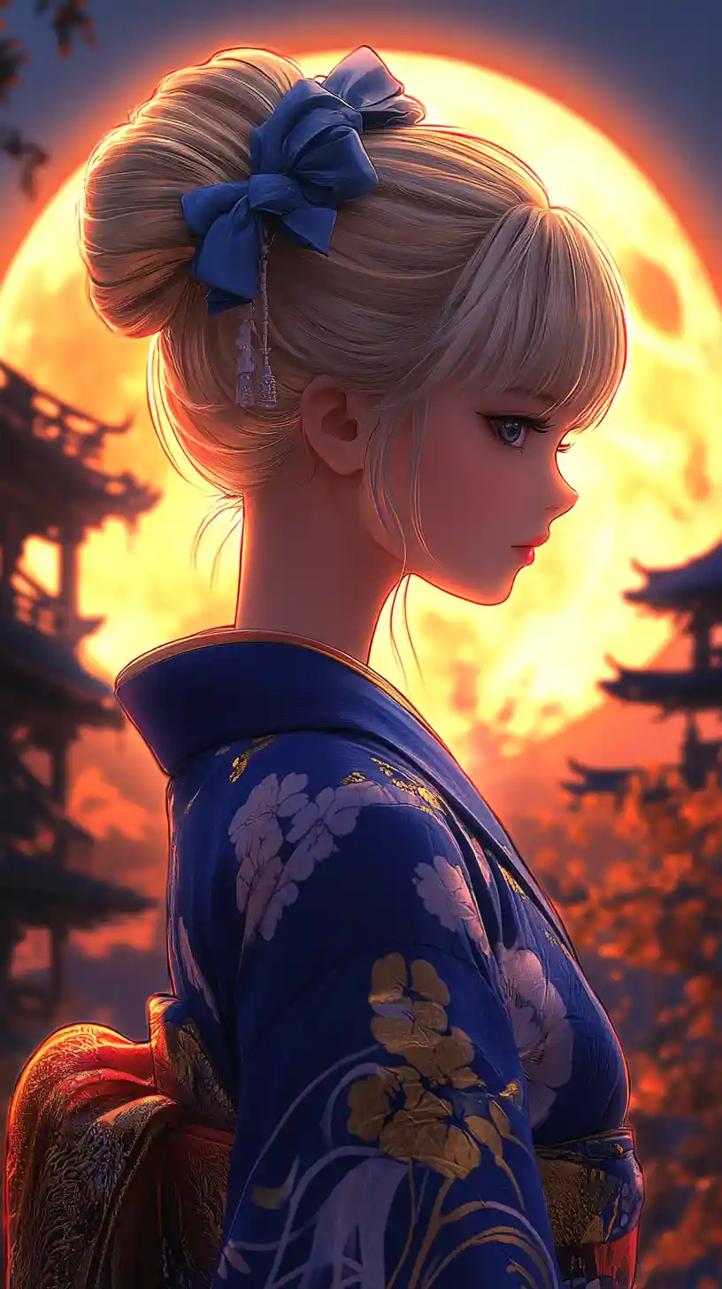Anime woman in blue kimono before a glowing full moon