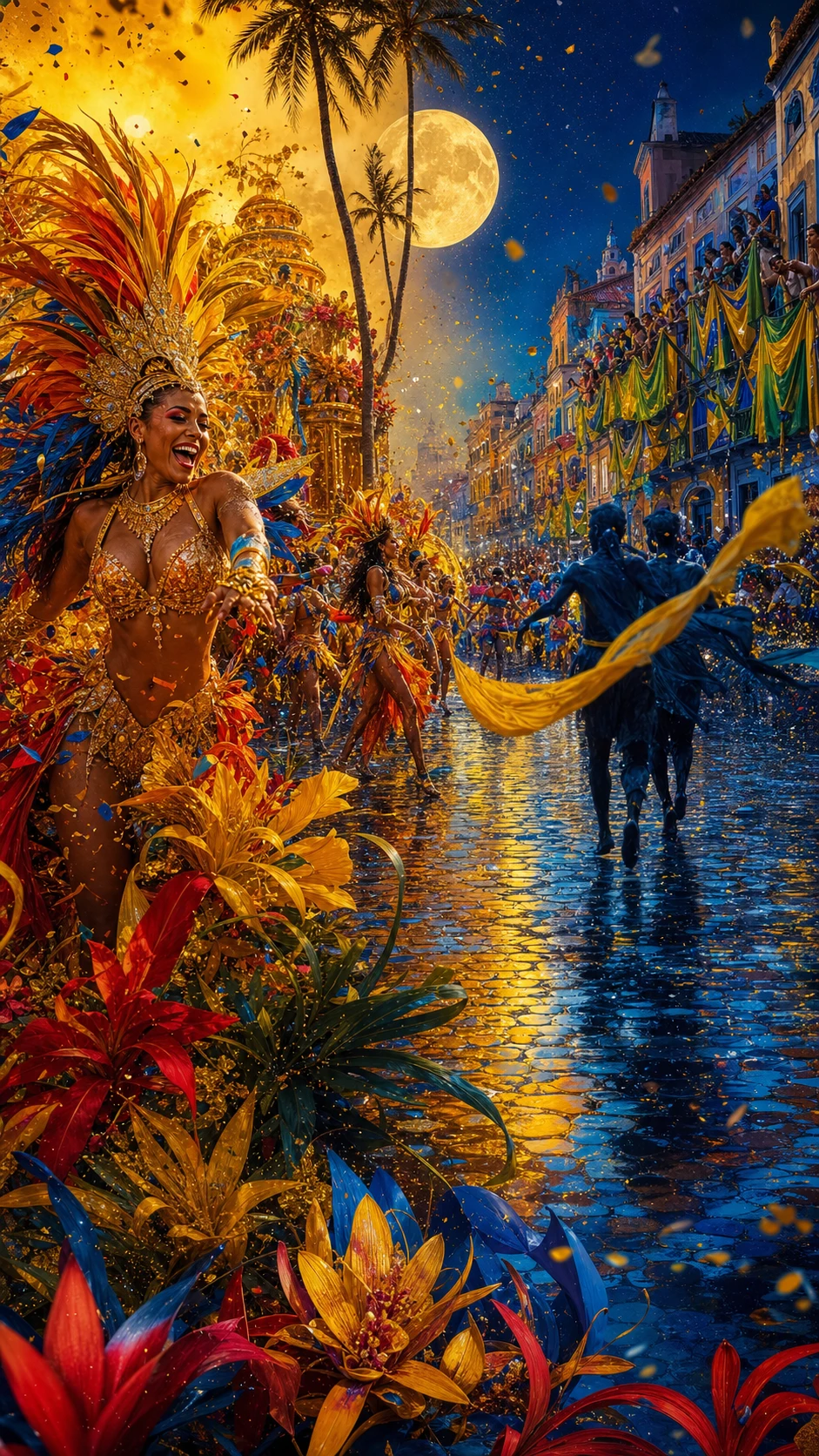 Bailarines de carnaval surreales en una calle líquida dorada de la ciudad