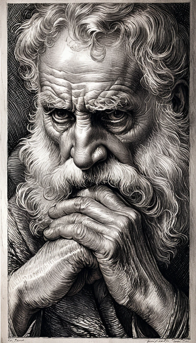 Engraved portrait of a thoughtful old man with intense gaze