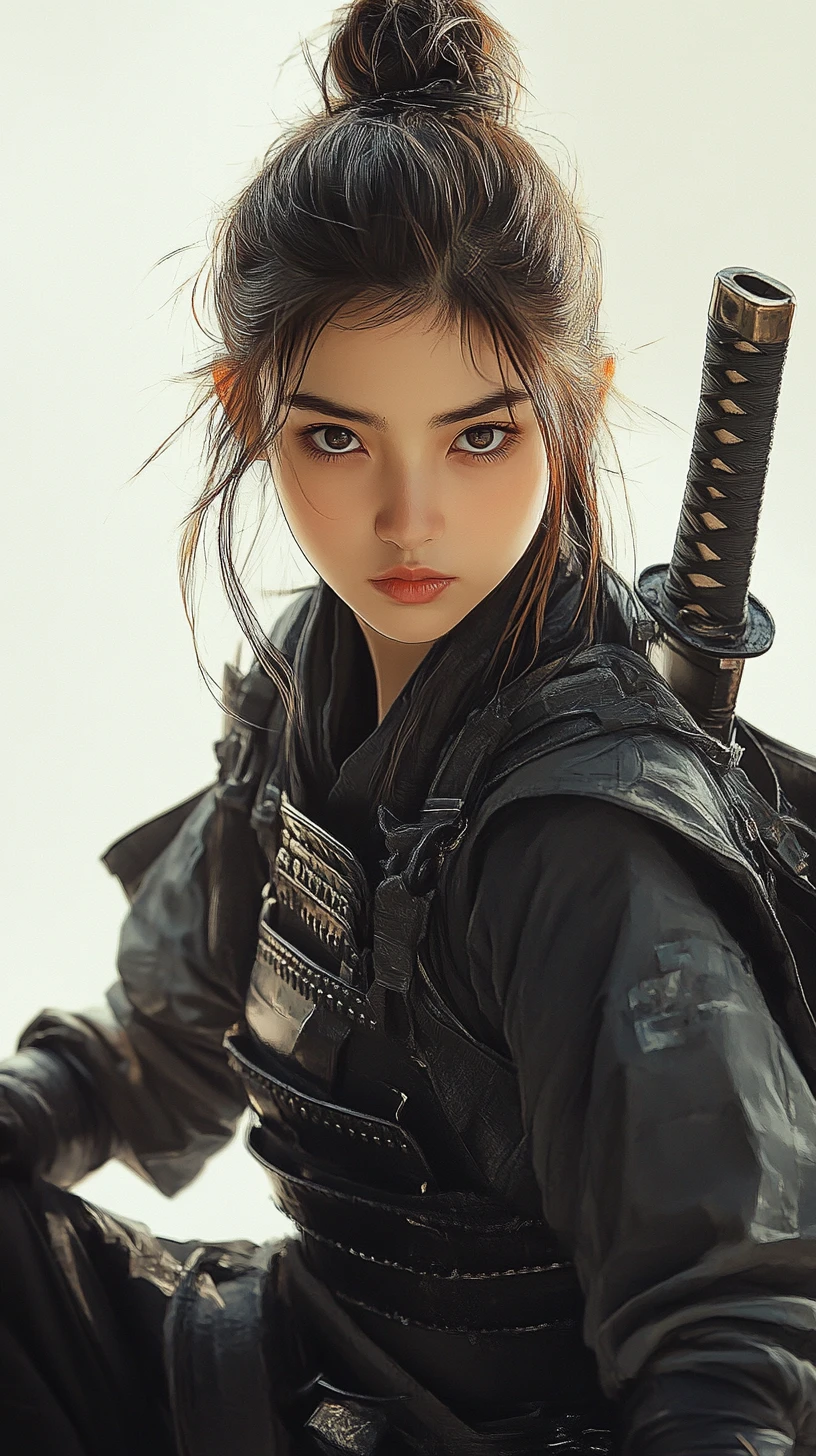 Calm young samurai woman in armor in minimalist studio