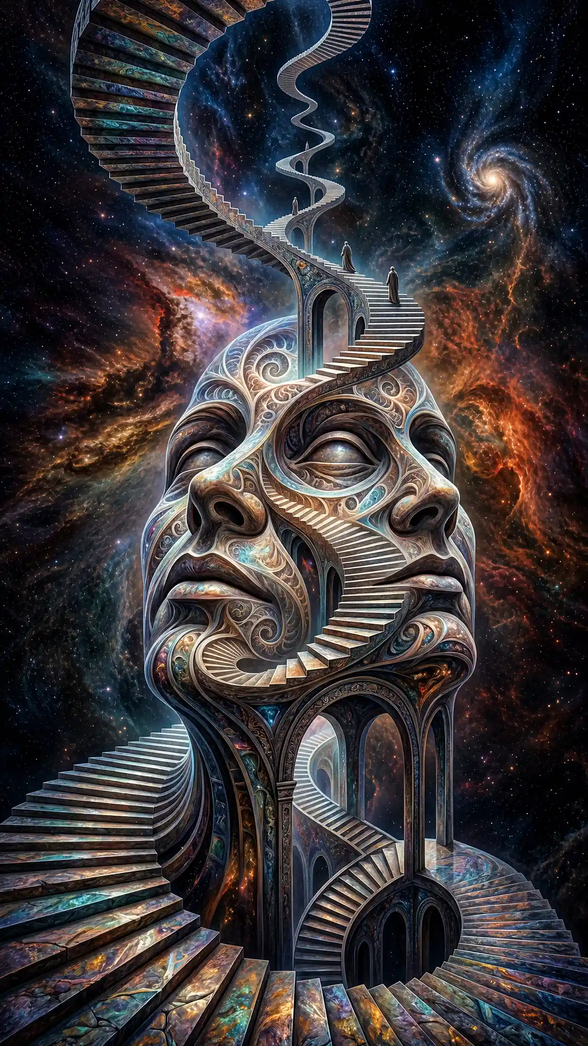 Surreal Infinite Staircase Rising Through Abstract Fractal Space