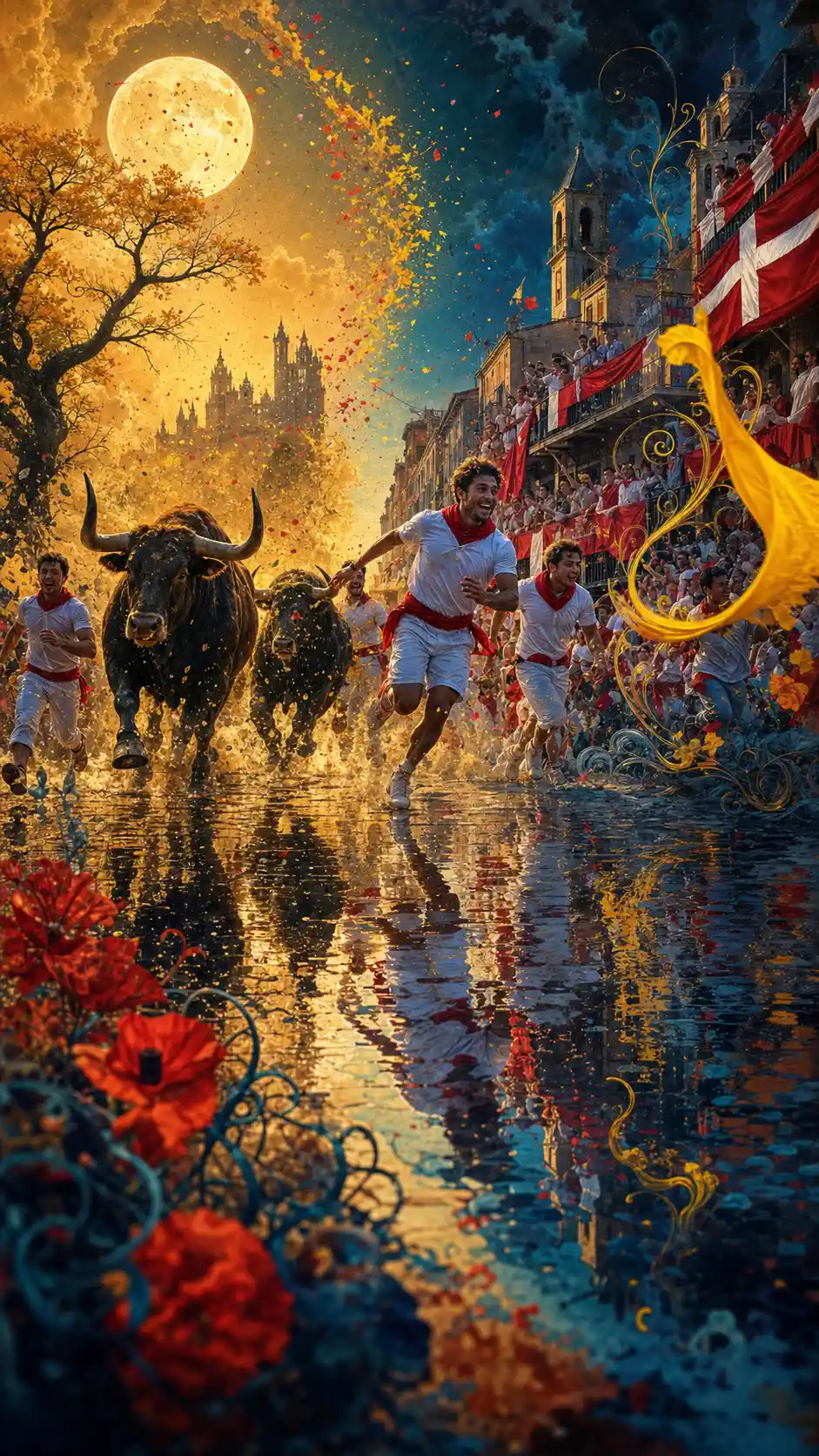 Surreal bull run through a golden cobblestone street