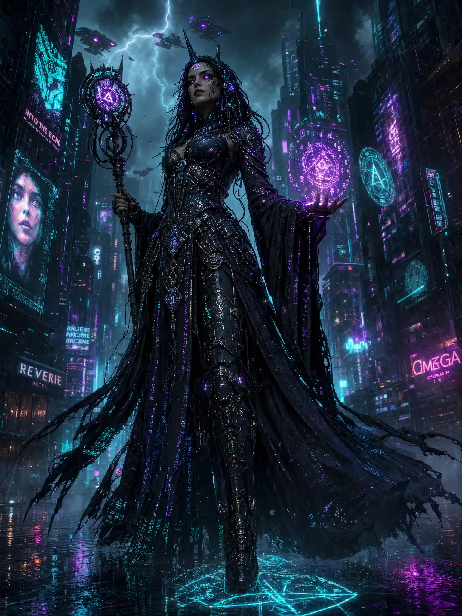 Cyber warlock woman commanding storms in neon city streets