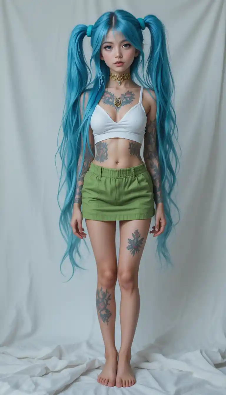 Young blue haired woman in green skirt and ripped top
