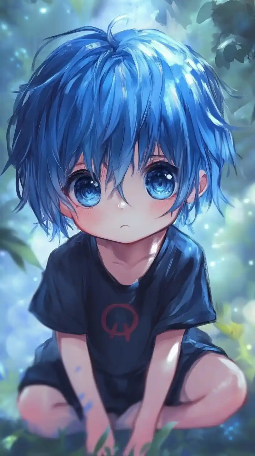 Chibi blue haired boy portrait in dreamy forest