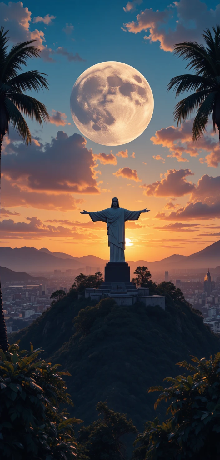 Statue Overlooking City At Sunset With Full Moon