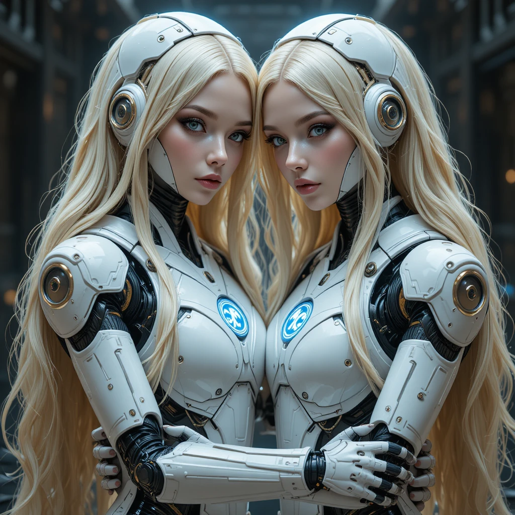 Two blonde humanoid robots embracing in white soft armor