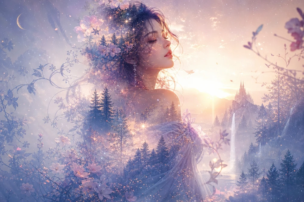 Dreamy double exposure portrait of girl and forest