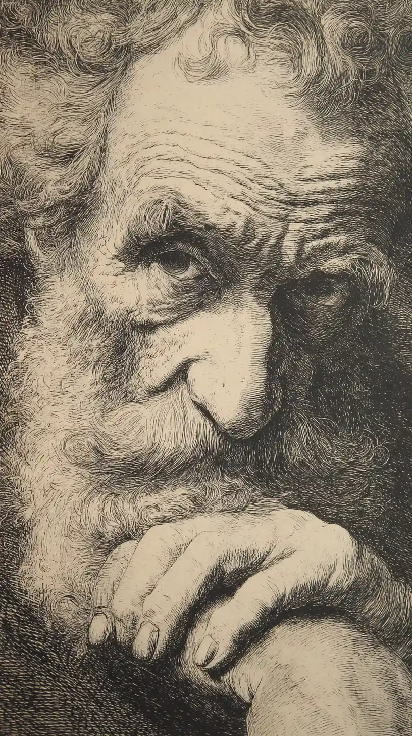 Engraved portrait of a thoughtful old man in deep contemplation