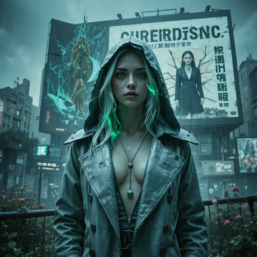 Cyber noir woman before a futuristic garden city
