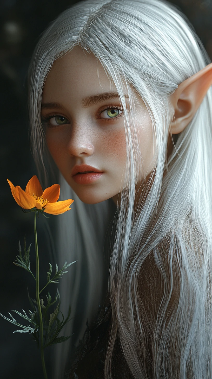 Surprised elf girl beside a bright orange wildflower