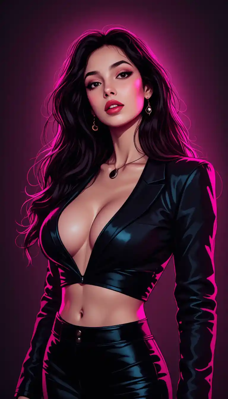 Elegant Ukrainian woman in black jacket under pink glow