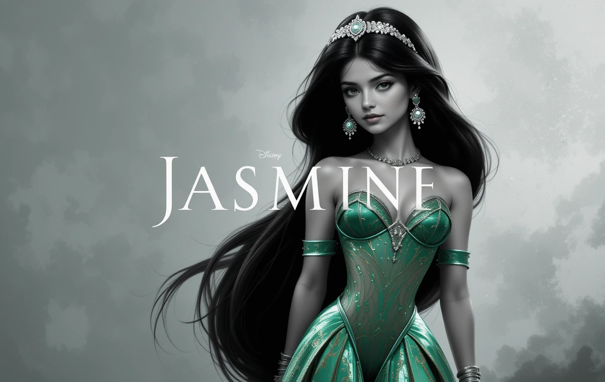 Glamorous woman in green against black and white backdrop