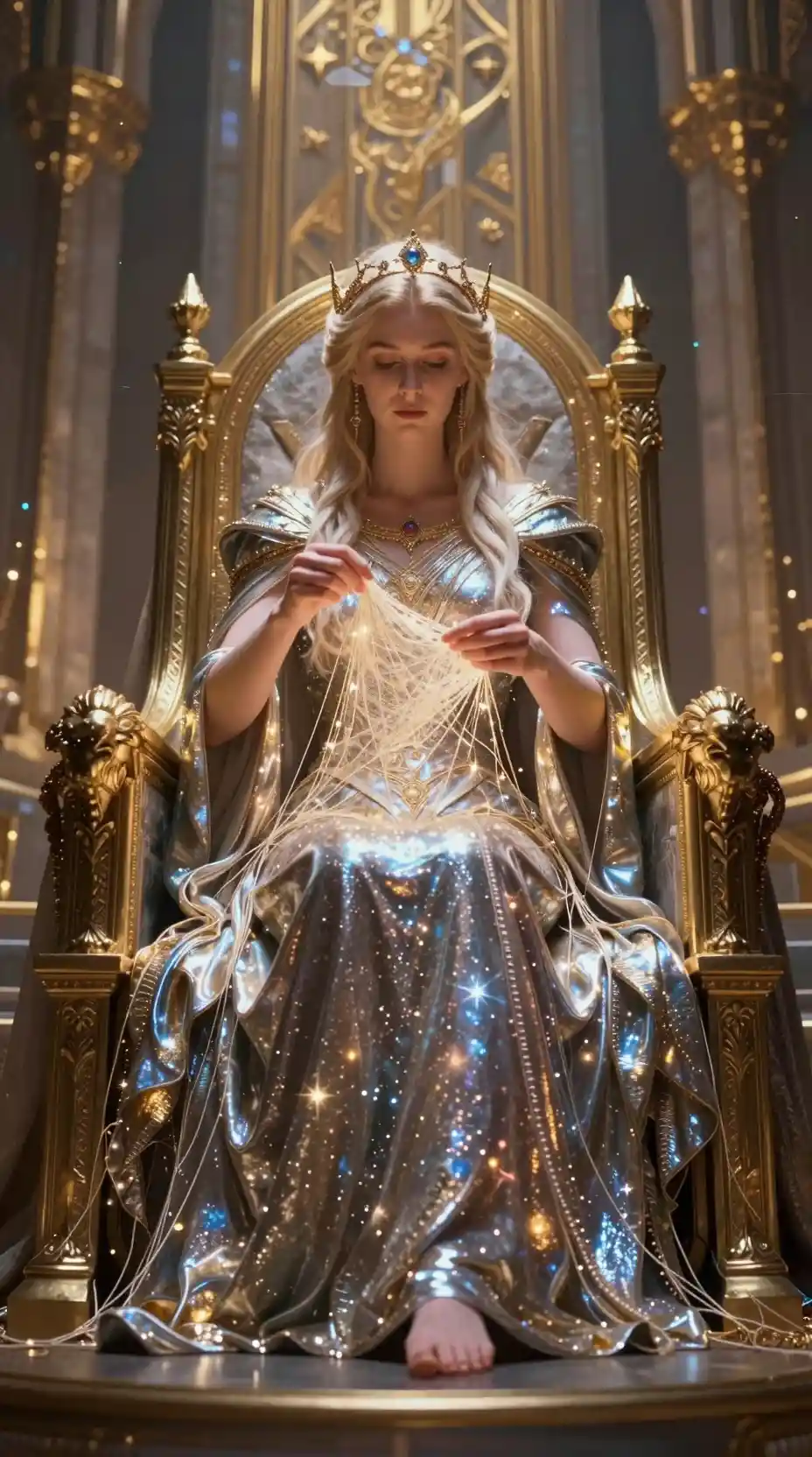 Frigg weaving glowing threads of fate on a celestial throne