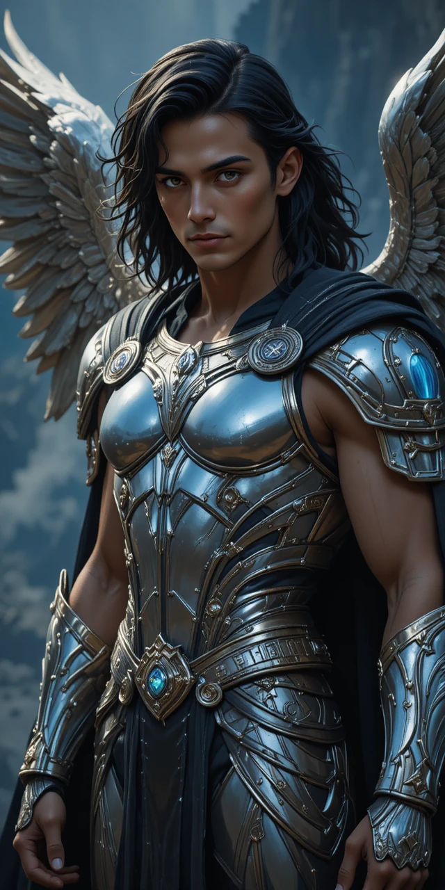 Winged fantasy warrior with silver runic armor in anime style