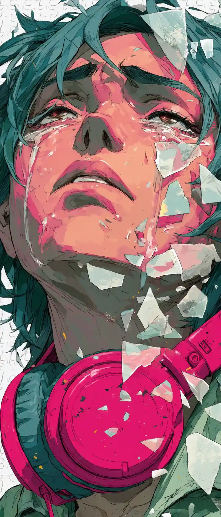 Anime boy crying with headphones and shattering musical notes