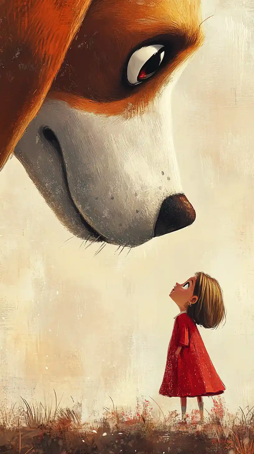 Giant beagle facing a tiny curious girl in wonder