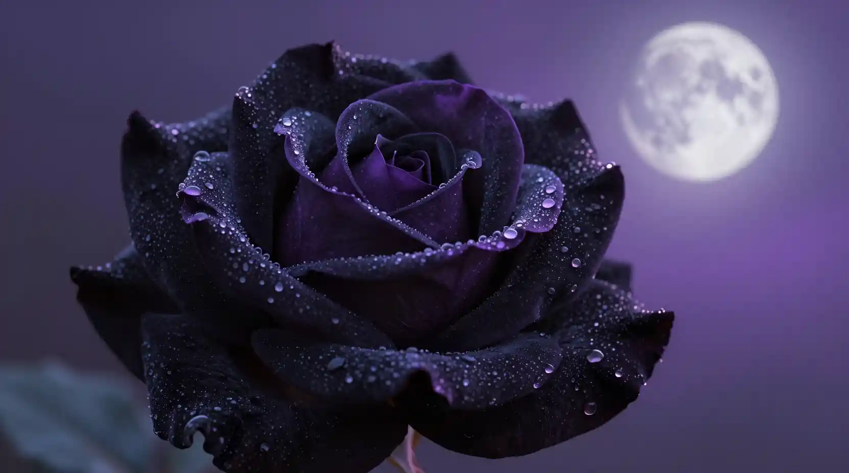 Black rose with morning dew glowing softly in moonlight