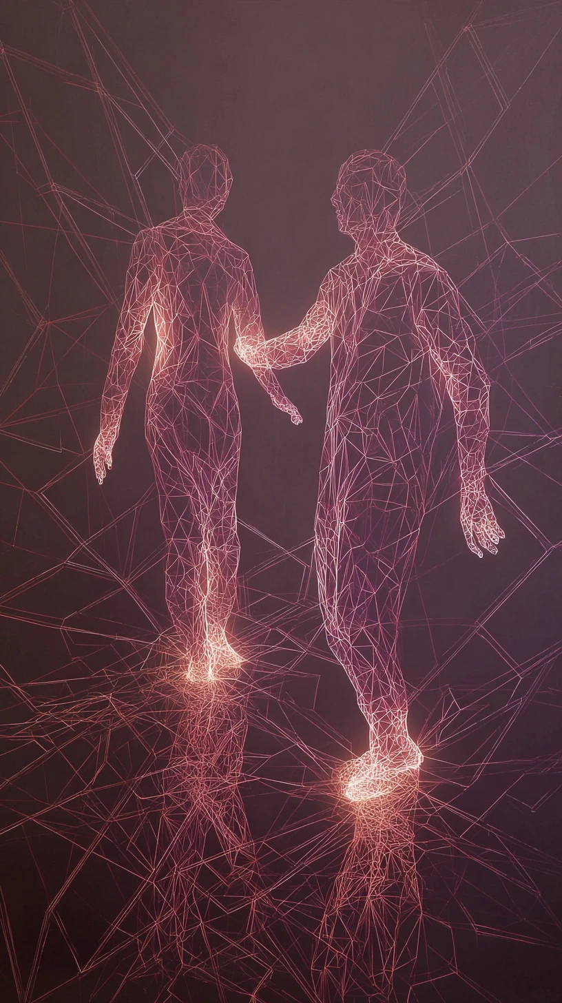 Surreal painting with glowing geometric lines breaking into room