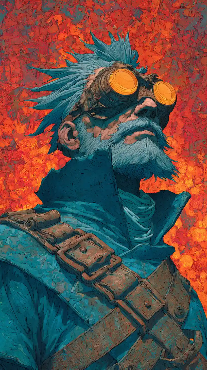 Steampunk hero with glowing goggles in fiery abstract sky
