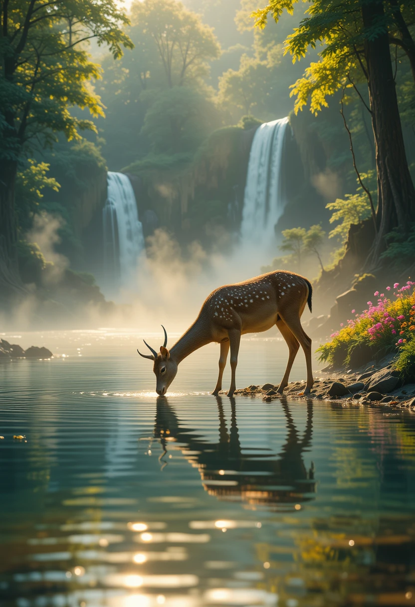 Graceful deer drinking at a sunlit jungle lake