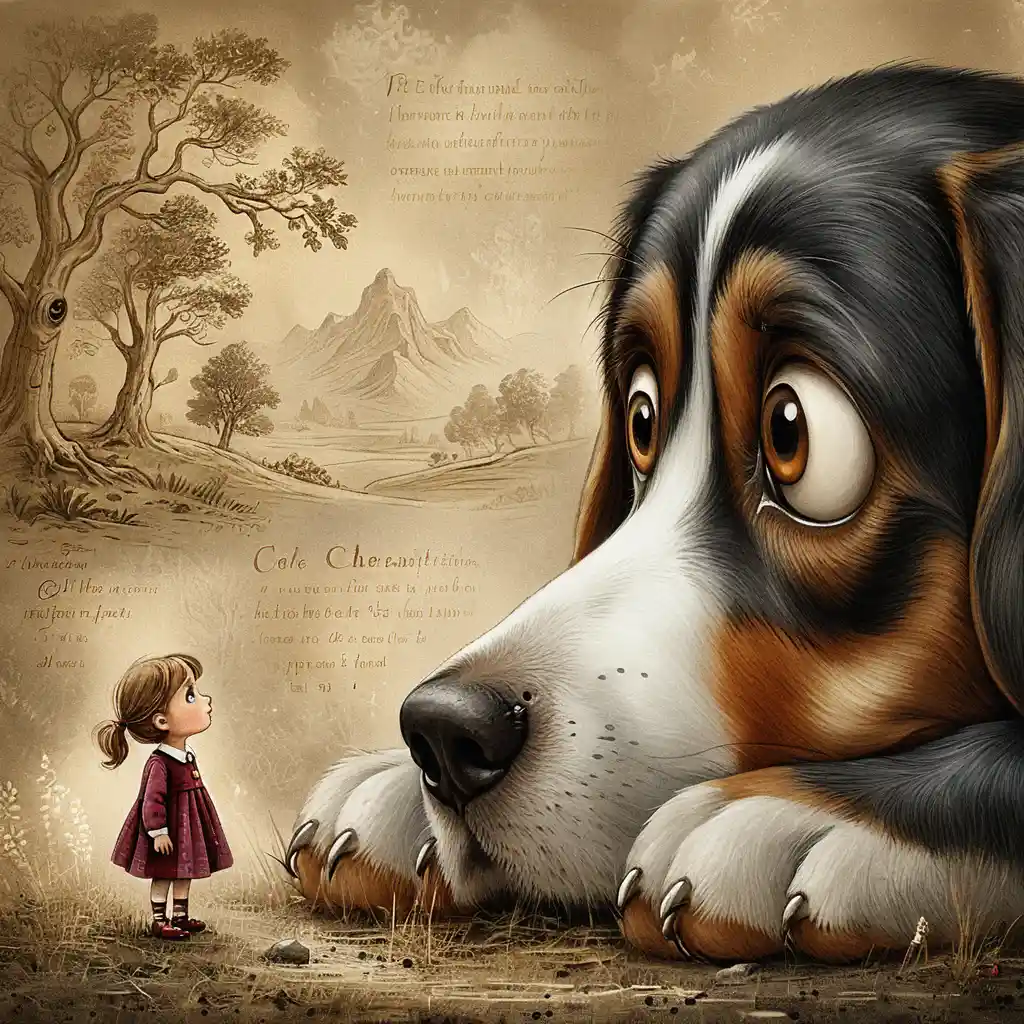 Giant beagle facing a tiny girl in dramatic illustration