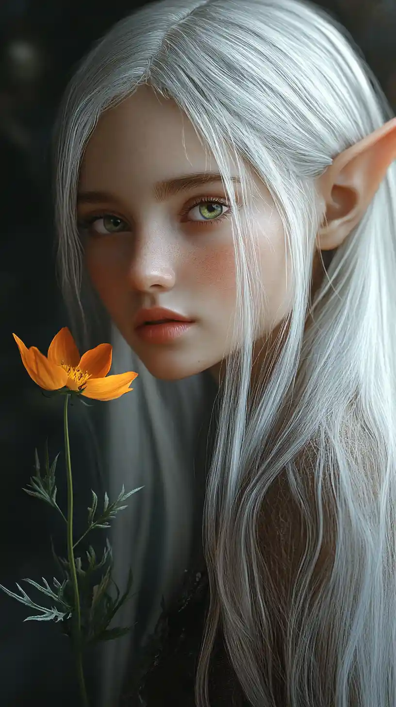 Surprised elf girl beside a bright orange wildflower