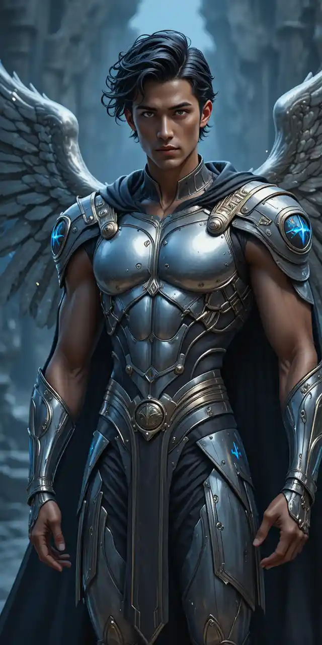 Winged anime warrior prince in runic silver armor