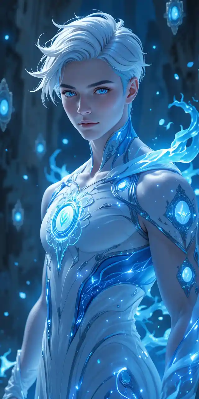 Blue eyed eliatrope man with glowing dimensional portals