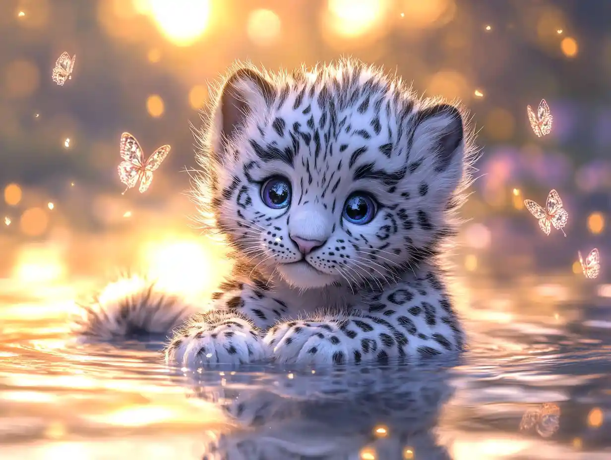 Cute snow leopard cub in shimmering sunset pool
