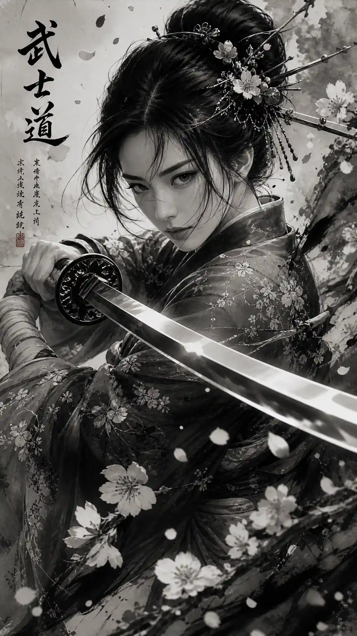 Female samurai in ink painting amid swirling cherry blossoms