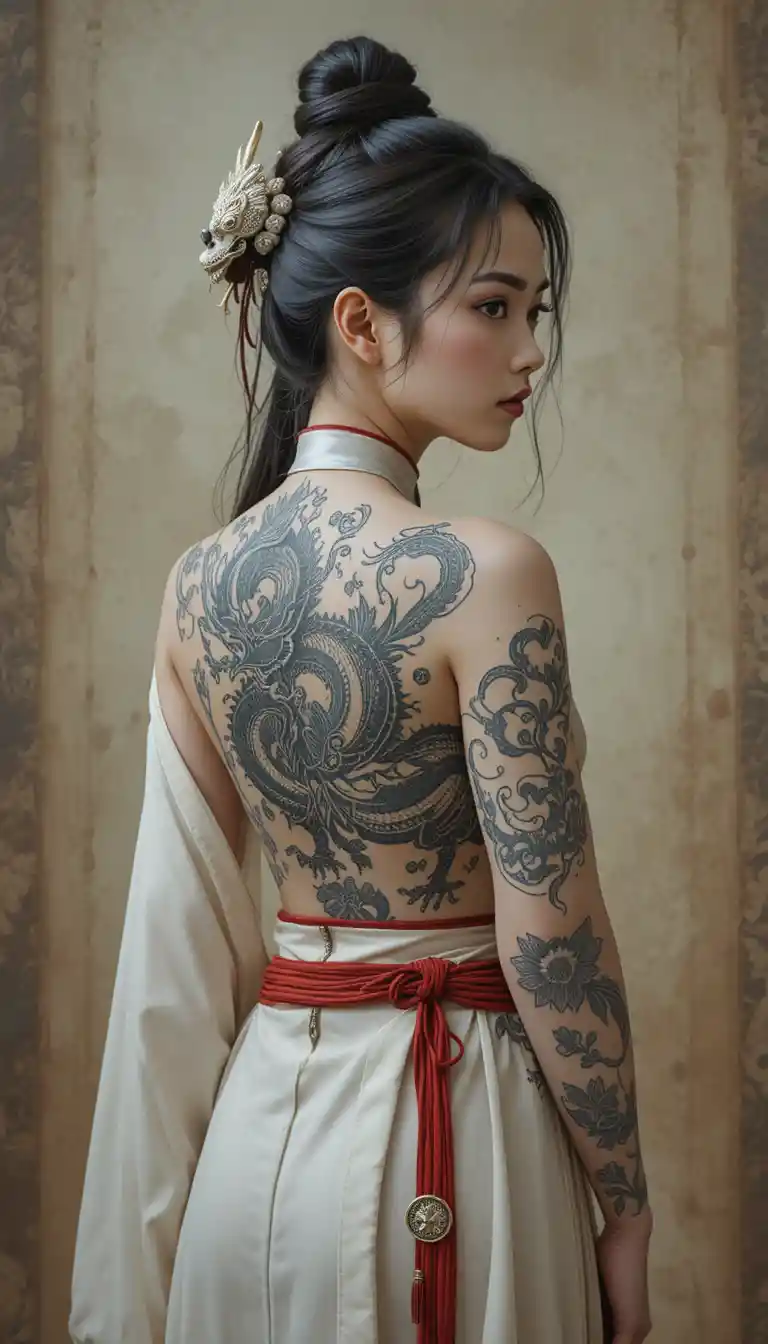 Asian woman with dragon tattoo and red rope belt