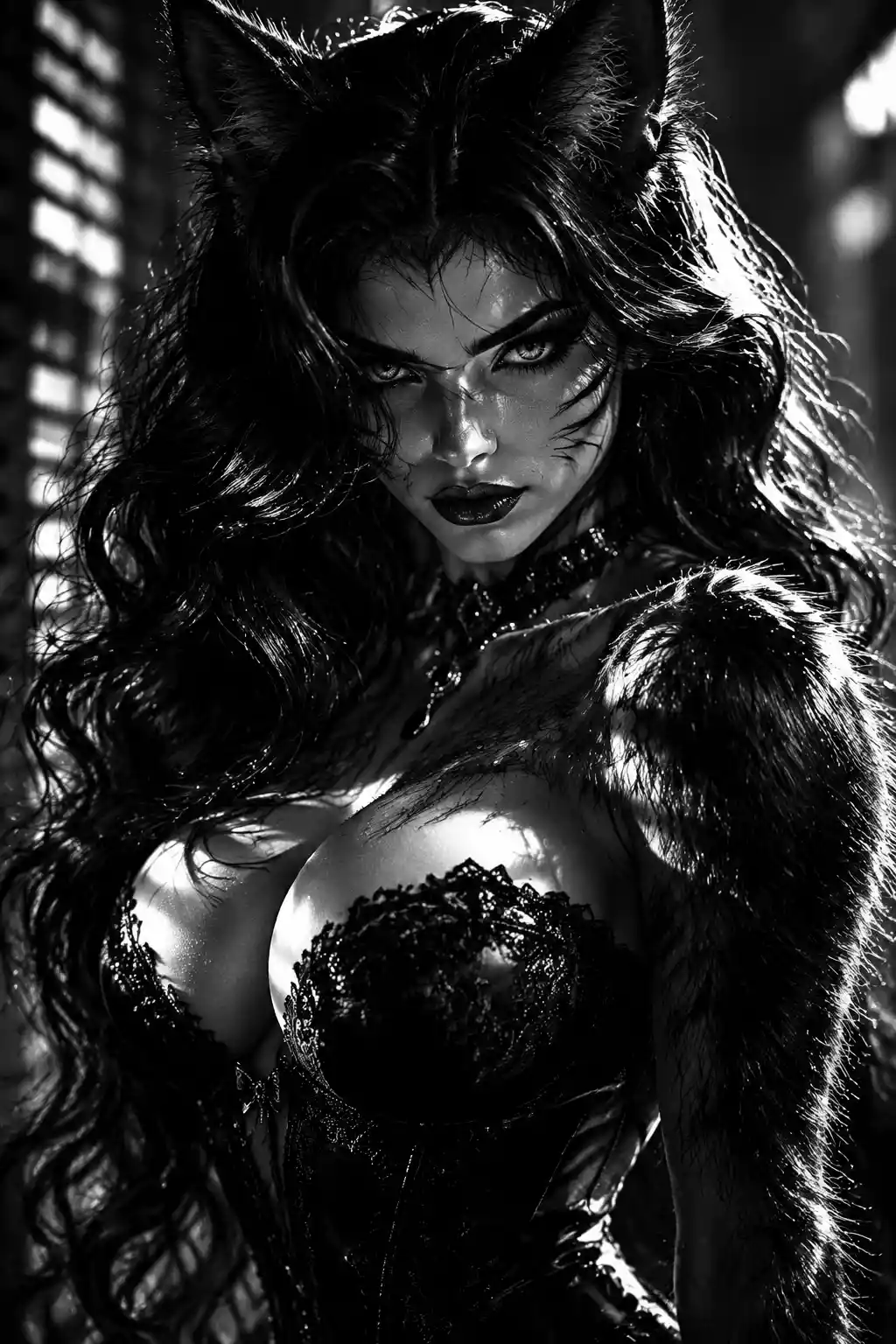 Gothic werecat woman in dramatic close up view