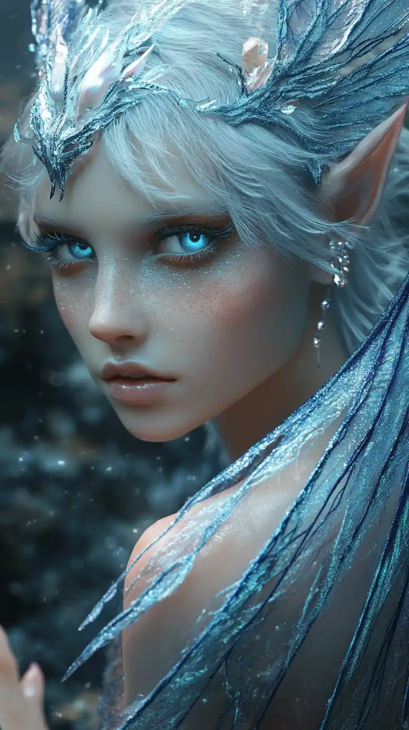 Ethereal aquatic fairy woman on glowing coral reef