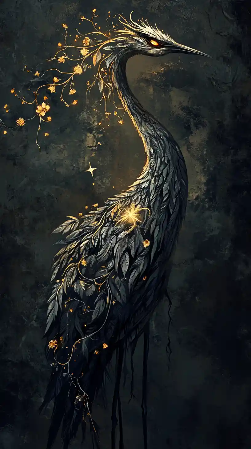Surreal avian woman formed from dark flowers and feathers