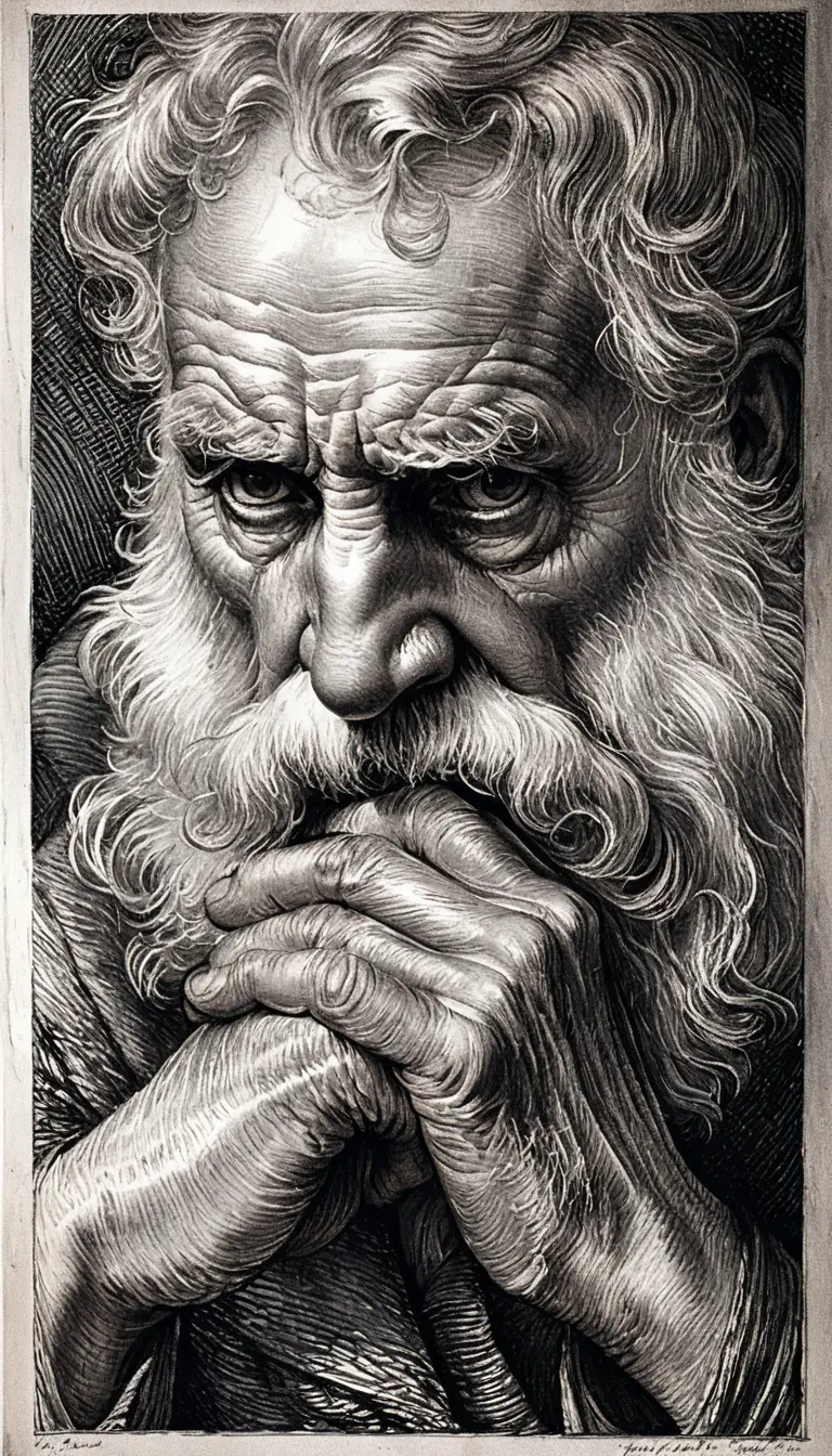 Engraved portrait of a thoughtful old man with intense gaze